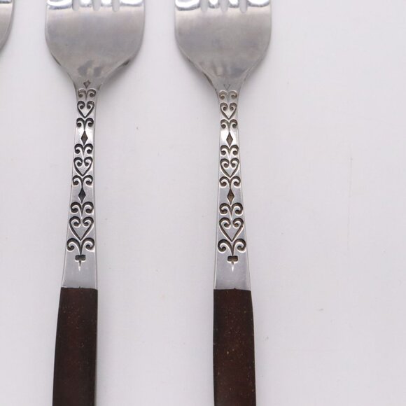 Vtg Set of 4 Dinner Forks Interpur Canoe Hearts Stainless Brown Handle MCM Japan - Picture 4 of 10